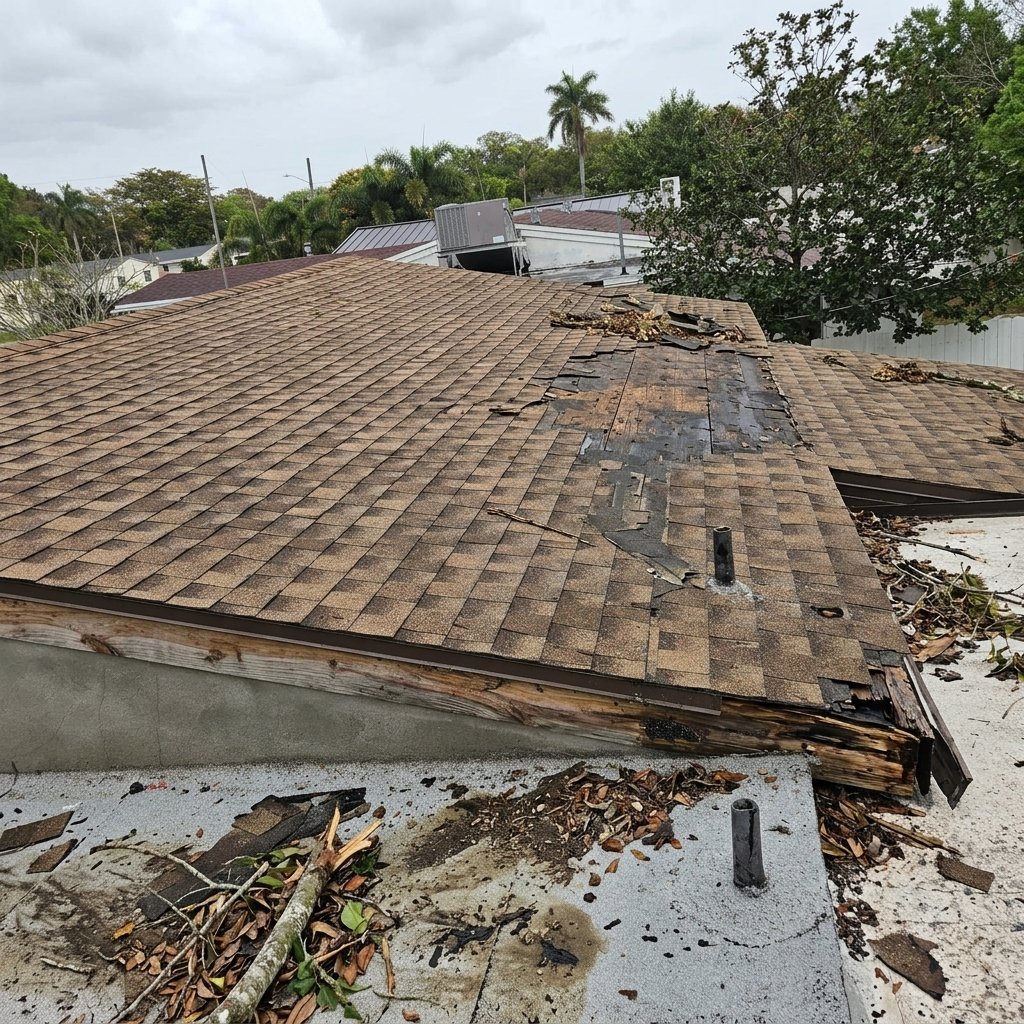 Before: Storm damaged shingle roof