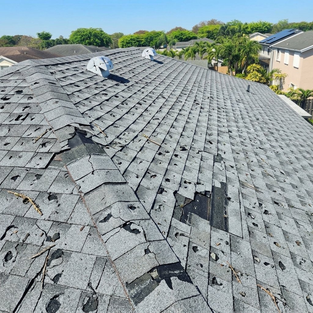 Before: Storm damaged shingles