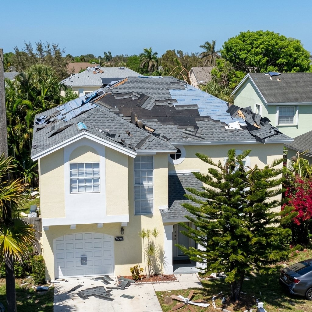 Before: Severely damaged wind shingles