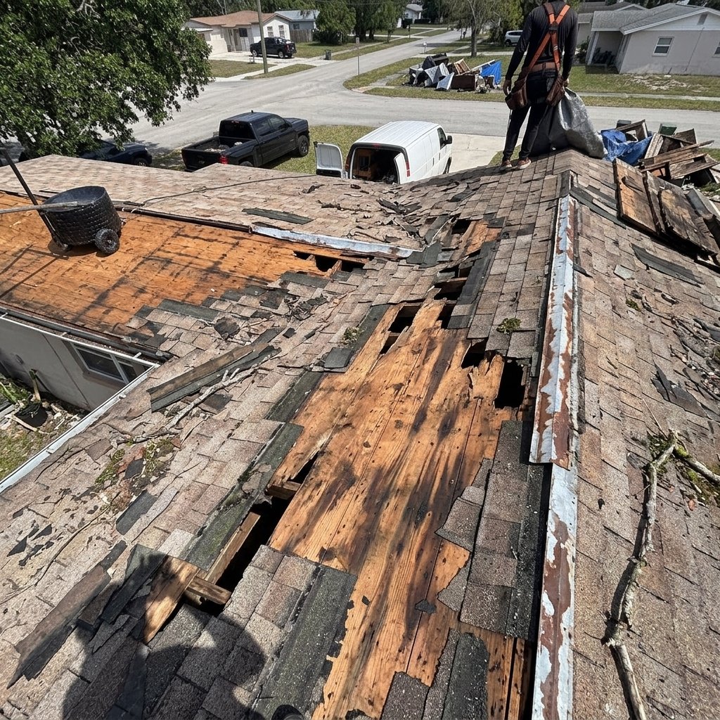Before: Worn weathered roof