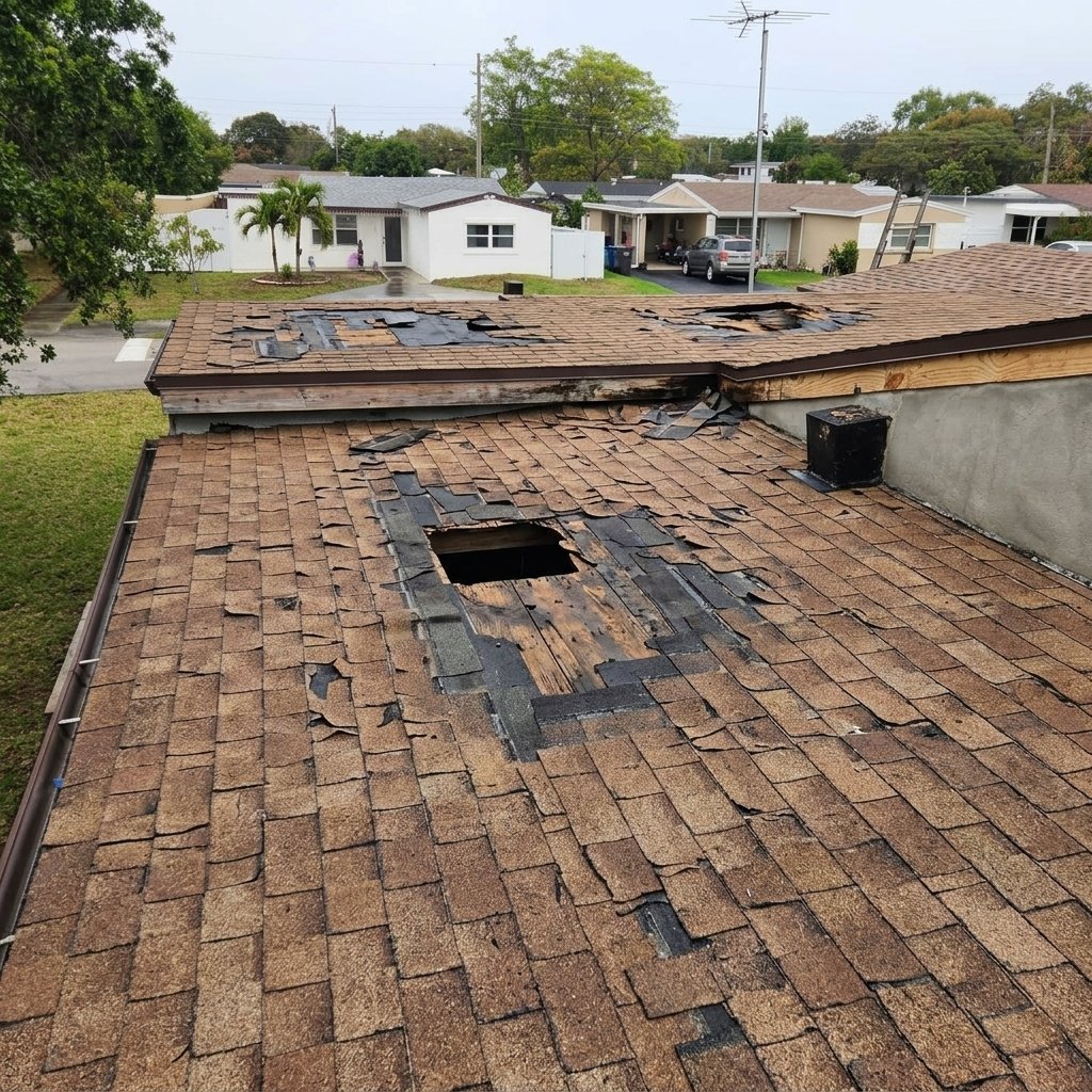 Before: Wind damaged shingles