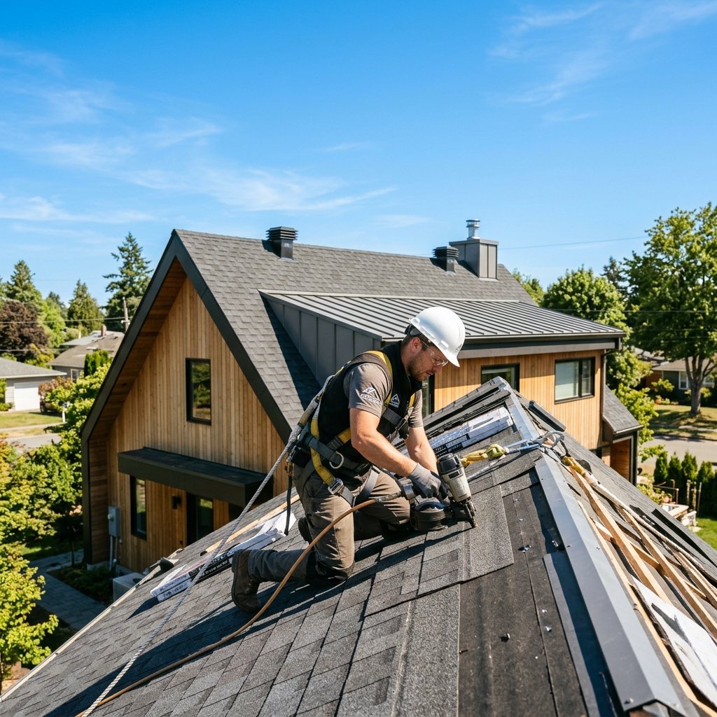Expert roofer installing shingles on roof