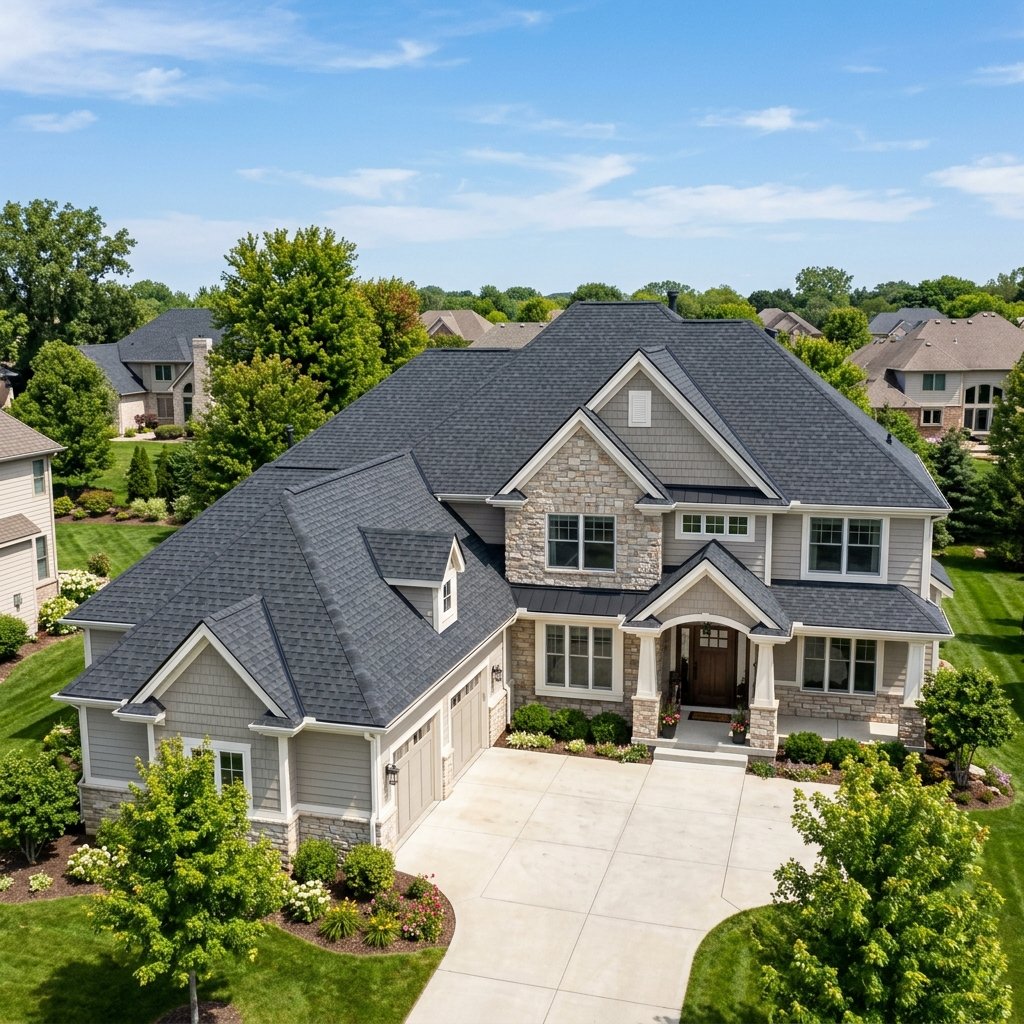 Brand new architectural shingle roof installed by Omega Roofing