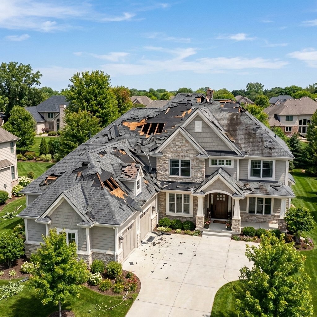 Damaged roof with missing shingles prior to repair